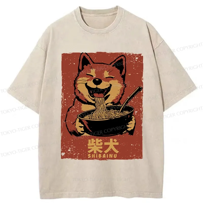 Tokyo-Tiger Ramen Lover Shiba Inu Washed T-Shirt