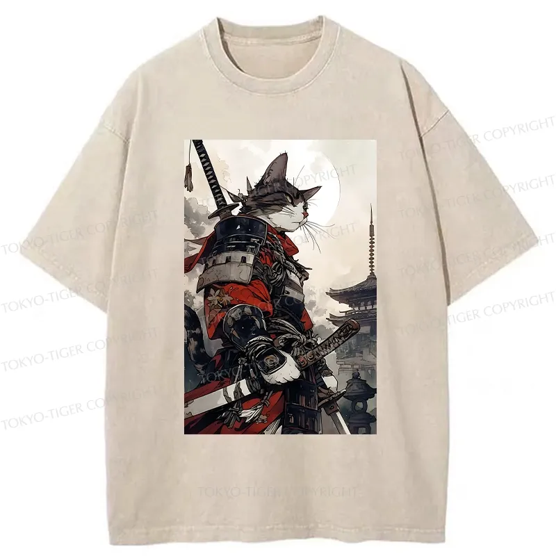 Tokyo-Tiger Majestic Samurai Cat Washed T-Shirt