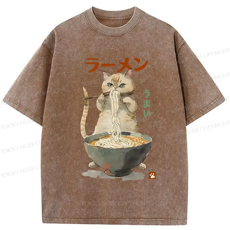 Tokyo-Tiger Cute Cat Eating Yummy Ramen Washed T-Shirt