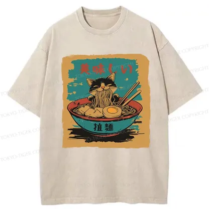 Tokyo-Tiger Kitten Eating Ramen Washed T-Shirt