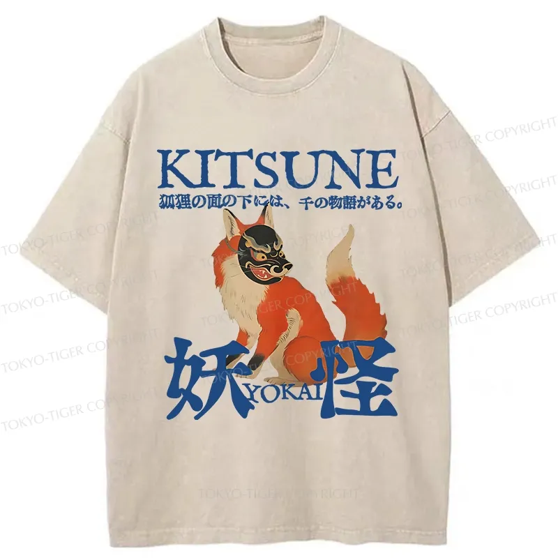 Tokyo-Tiger Japanese Fox Yokai Washed T-Shirt