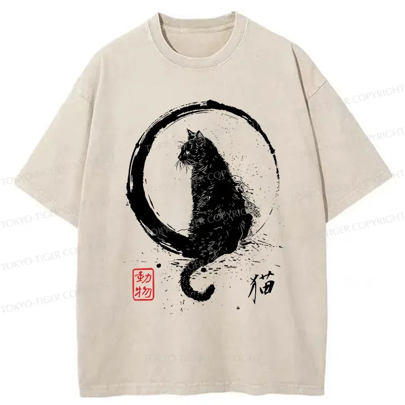 Tokyo-Tiger Retro Japanese Black Cat Washed T-Shirt