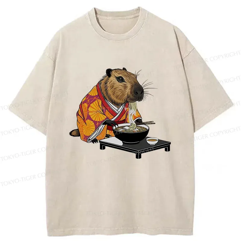 Tokyo-Tiger Cute Capybara Eating Ramen Washed T-Shirt