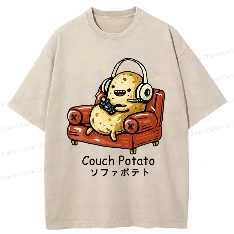 Tokyo-Tiger Funny Lazy Potato Washed T-Shirt