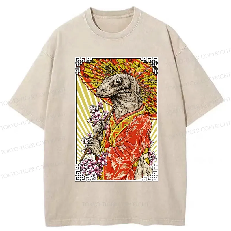 Tokyo-Tiger Elegant Lizard Holding An Umbrella Washed T-Shirt
