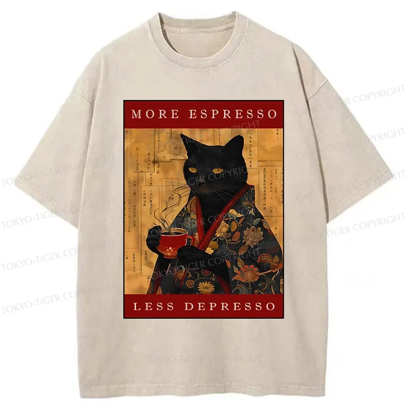 Tokyo-Tiger More Espresso Less Depresso Cat Washed T-Shirt