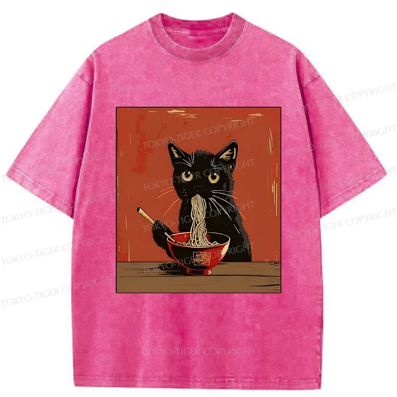 Tokyo-Tiger Japanese Black Cat Eating Ramen Washed T-Shirt