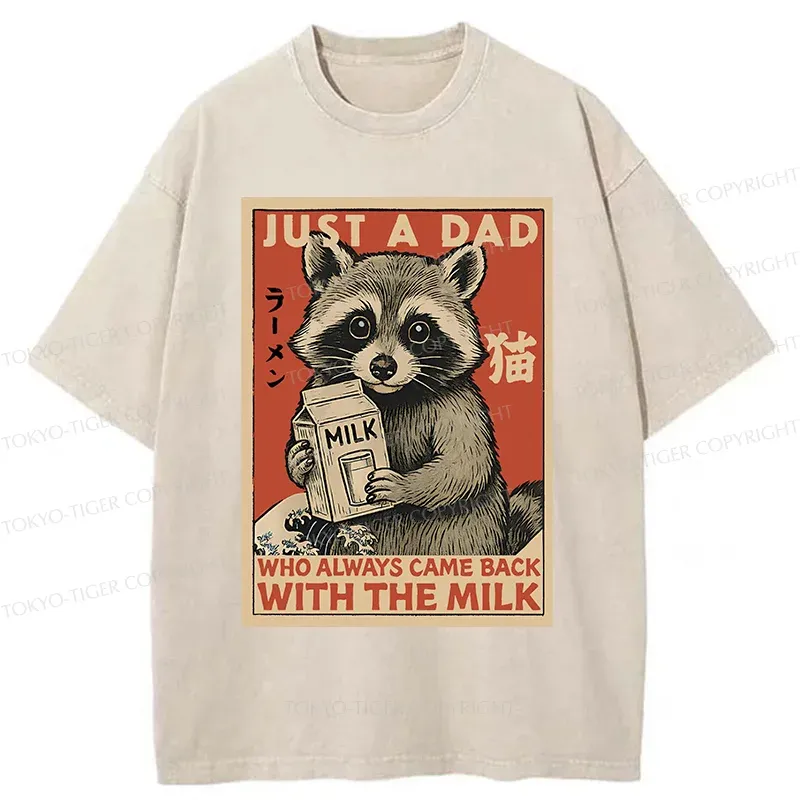 Tokyo-Tiger Cute Raccoon Holding Milk Washed T-Shirt