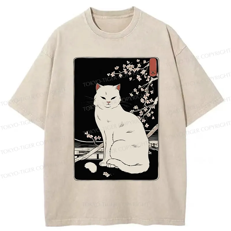 Tokyo-Tiger Cat Under The Sakura Washed T-Shirt