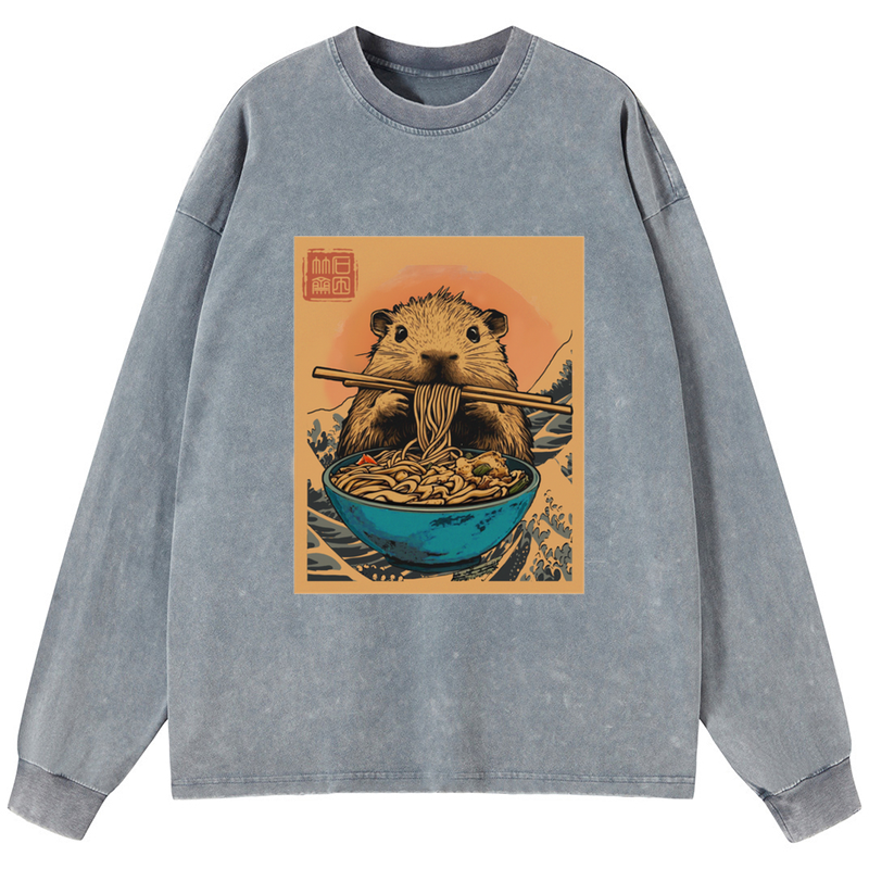 Tokyo-Tiger Opossum Eats Ramen Washed Long Sleeve T-Shirt