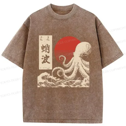 Tokyo-Tiger Retro Octopus Wave Washed T-Shirt