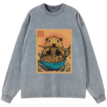 Tokyo-Tiger Opossum Eats Ramen Washed Long Sleeve T-Shirt