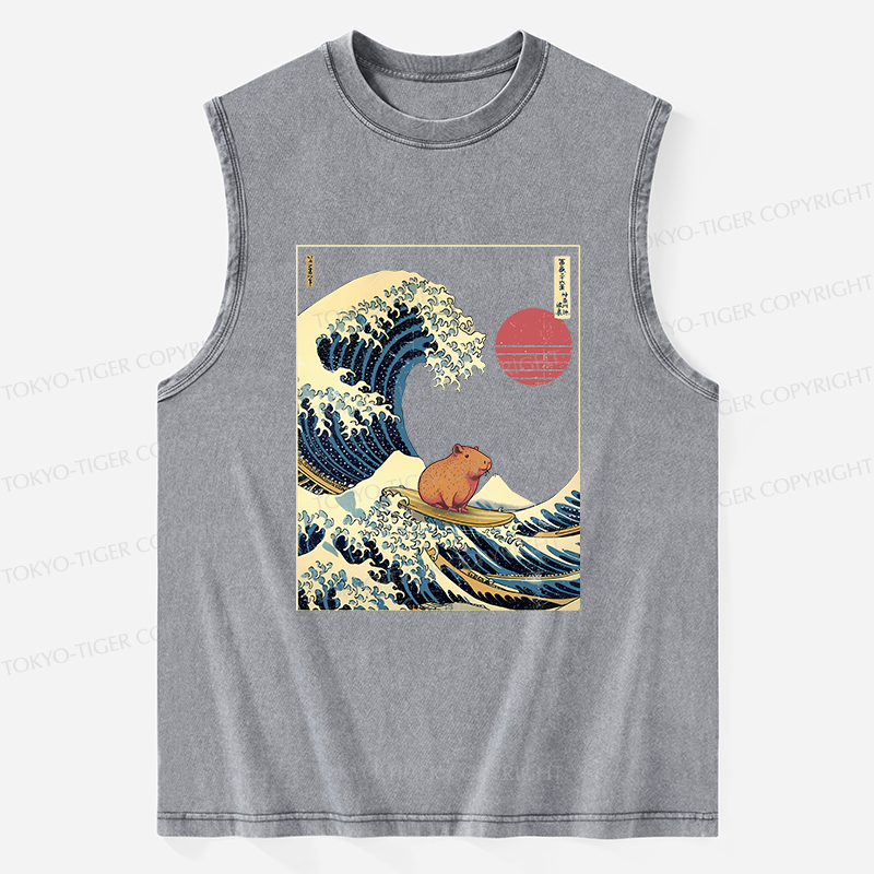 Tokyo-Tiger Capybara Surfing Washed Tank