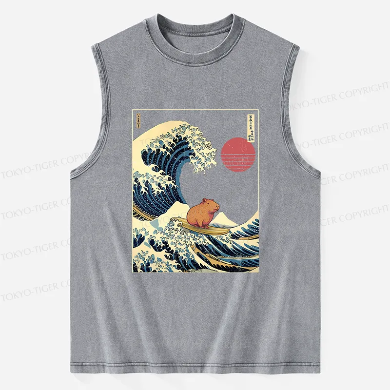 Tokyo-Tiger Capybara Surfing Washed Tank