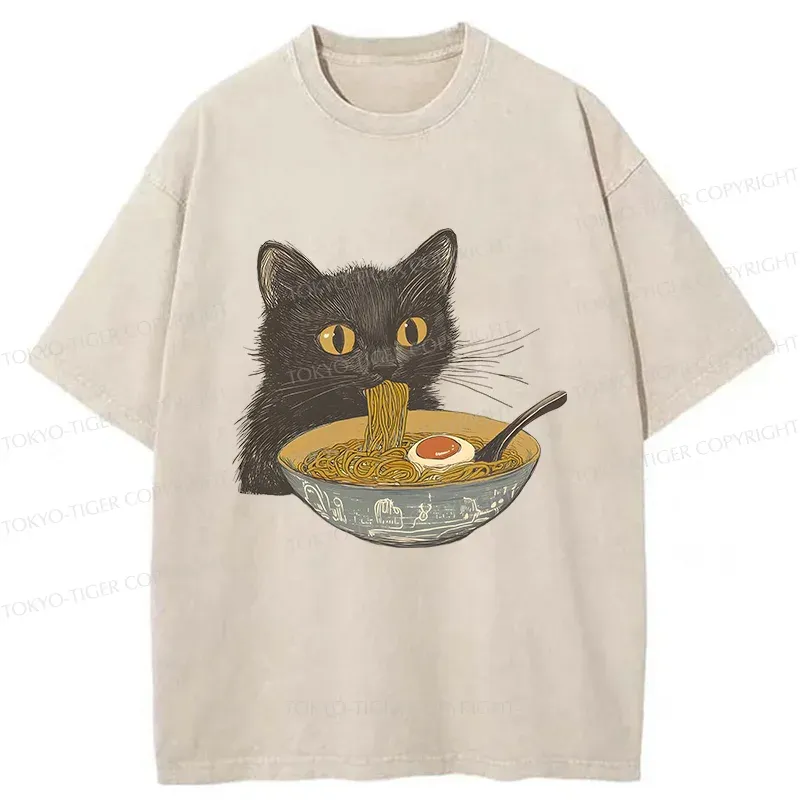 Tokyo-Tiger Cat Eating Tonkotsu Ramen Washed T-Shirt
