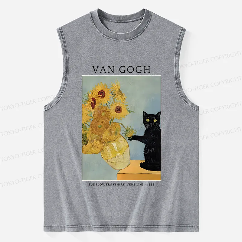Tokyo-Tiger Black Cat With Sunflowers Washed Tank