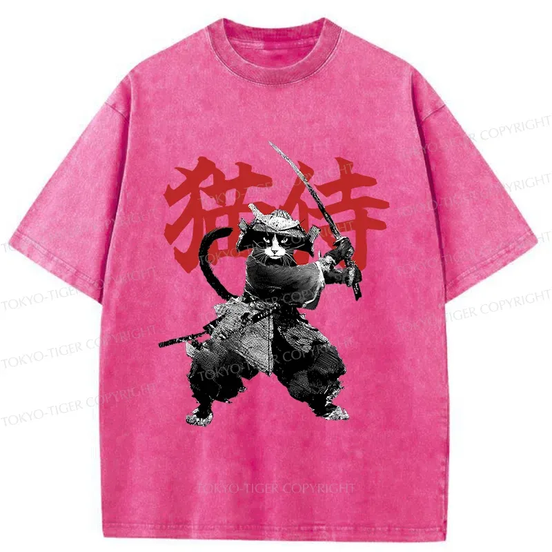 Tokyo-Tiger Black Cat Samurai Washed T-Shirt
