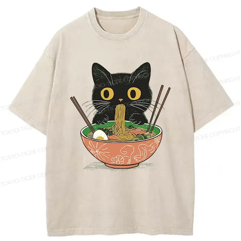 Tokyo-Tiger Black Cat Steals Ramen Washed T-Shirt