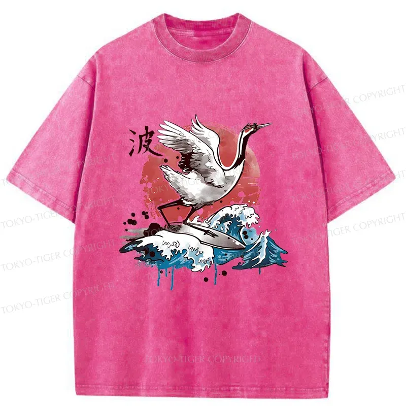 Tokyo-Tiger Crane Surfing Washed T-Shirt