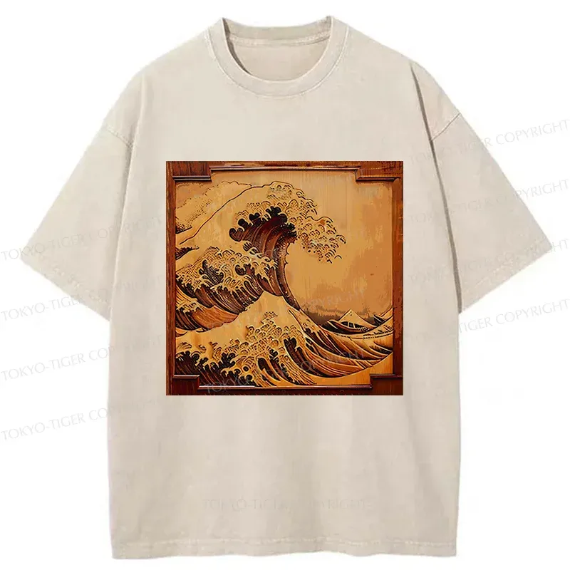 Tokyo-Tiger Panel Painting Ukiyoe Wave Washed T-Shirt