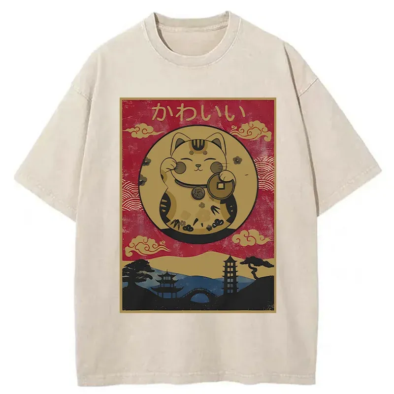 Tokyo-Tiger Retro Lucky Cat Washed T-Shirt