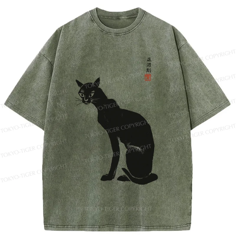 Tokyo-Tiger Slender Black Cat Washed T-Shirt