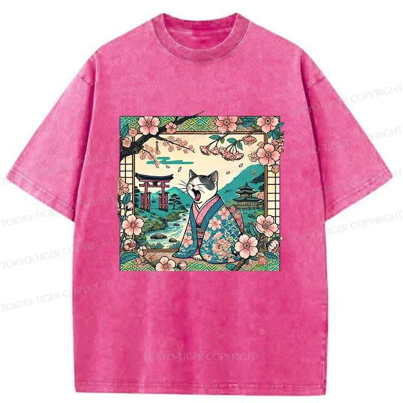 Tokyo-Tiger Yawning Cat Washed T-Shirt