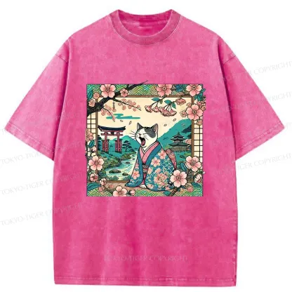 Tokyo-Tiger Yawning Cat Washed T-Shirt
