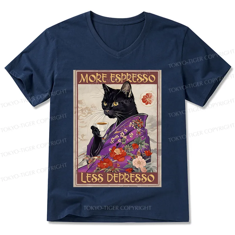 Tokyo-Tiger Japanese Cat Drinking Coffee V-Neck Classic T-Shirt