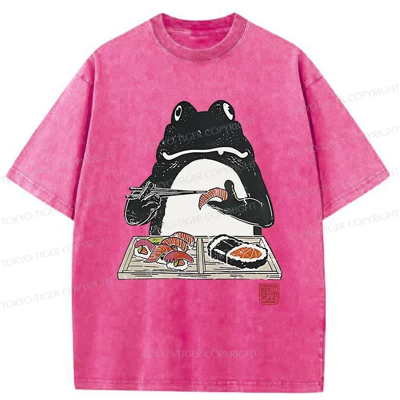 Tokyo-Tiger Frog Eating Sushi Washed T-Shirt