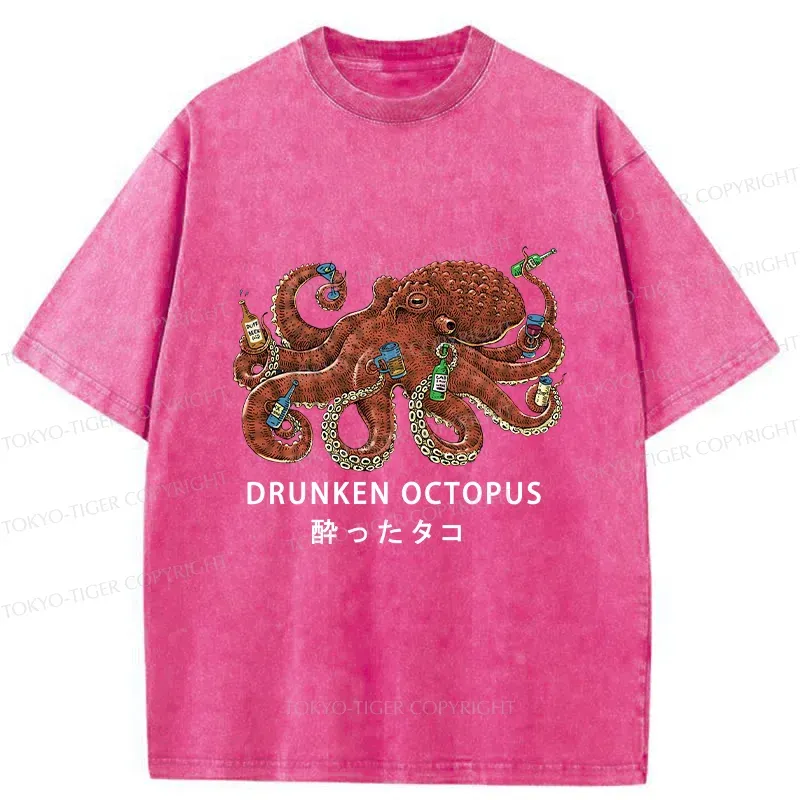 Tokyo-Tiger Drinking Octopus Washed T-Shirt