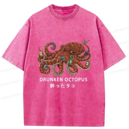 Tokyo-Tiger Drinking Octopus Washed T-Shirt