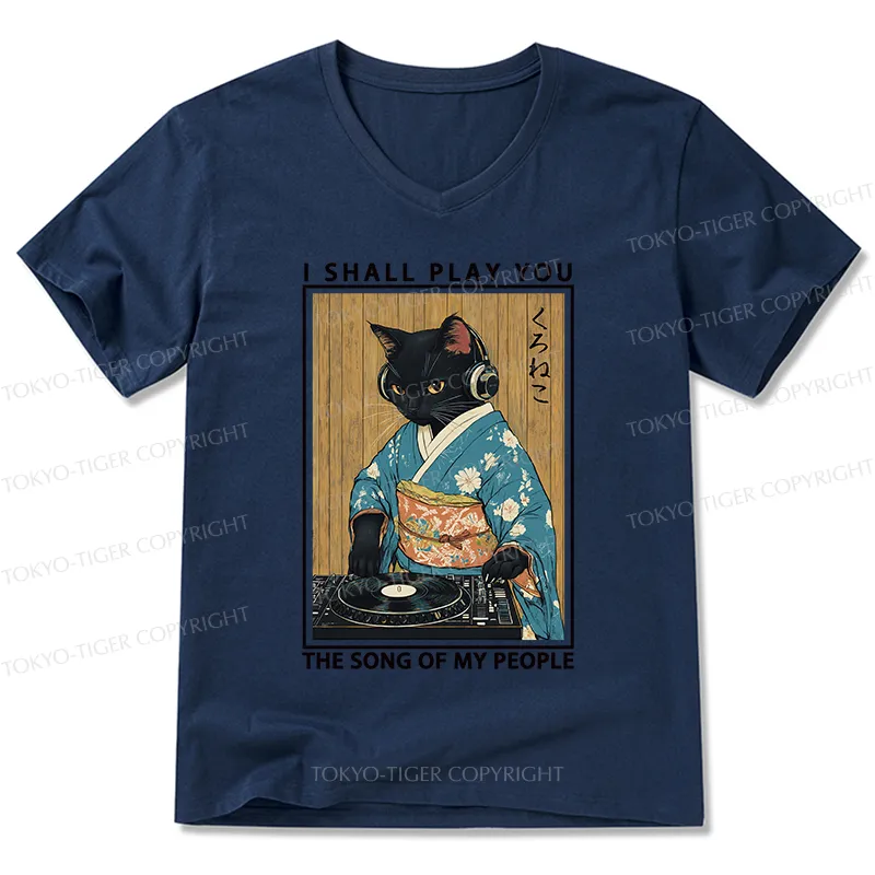 Tokyo-Tiger Funny Playing Music Black Cat V-Neck Classic T-Shirt