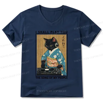 Tokyo-Tiger Funny Playing Music Black Cat V-Neck Classic T-Shirt
