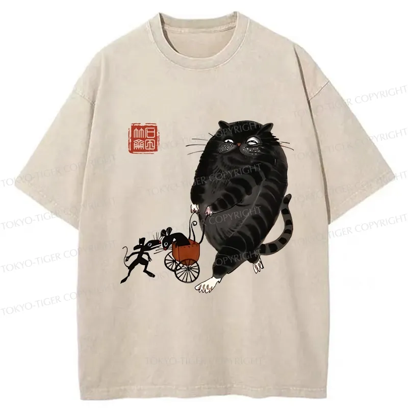 Tokyo-Tiger Funny Cat Pushing Mouse In Cart Washed T-Shirt