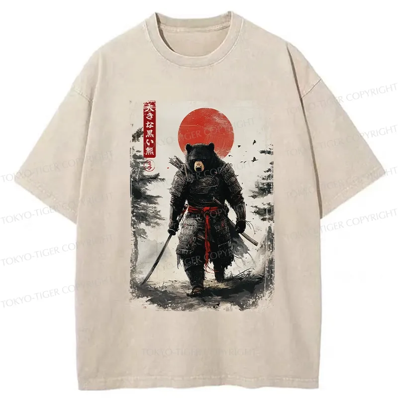 Tokyo-Tiger Retro Black Bear Samurai Washed T-Shirt