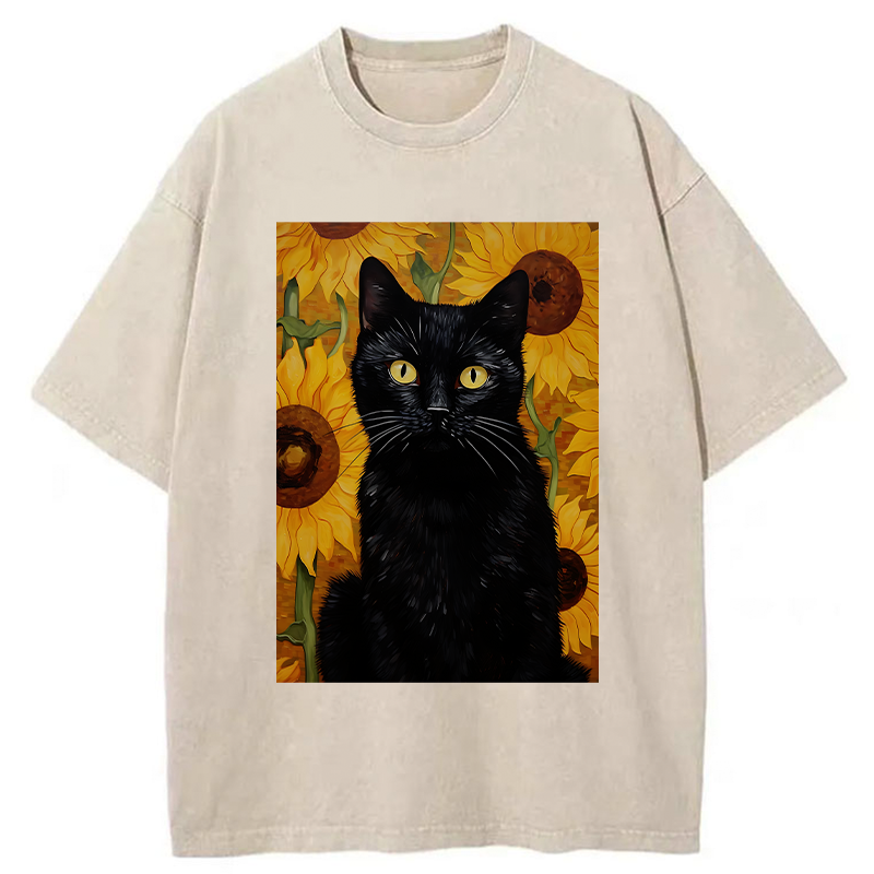 Tokyo-Tiger Black Cat Among Sunflowers Washed T-Shirt