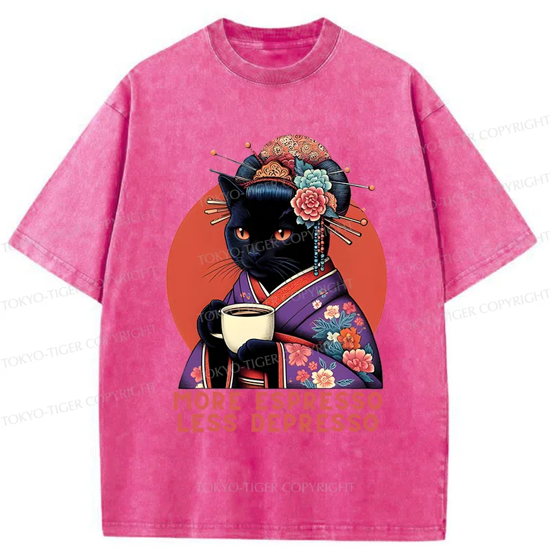Tokyo-Tiger Black Cat Geisha Drinking Coffee Washed T-Shirt