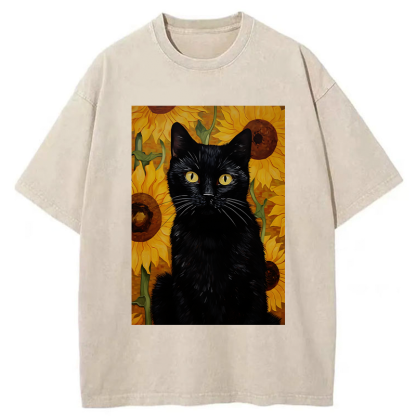 Tokyo-Tiger Black Cat Among Sunflowers Washed T-Shirt