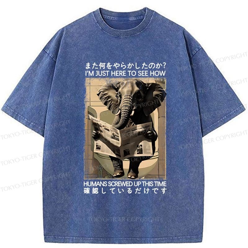 Tokyo-Tiger Funny Elephant Reading Newspaper Washed T-Shirt