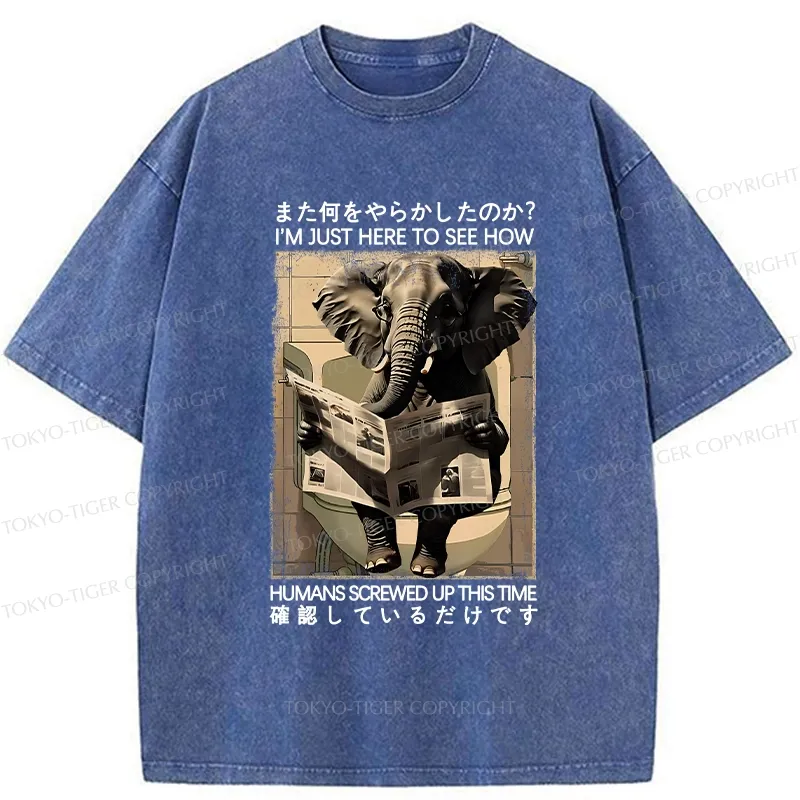 Tokyo-Tiger Funny Elephant Reading Newspaper Washed T-Shirt