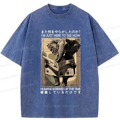 Tokyo-Tiger Funny Elephant Reading Newspaper Washed T-Shirt
