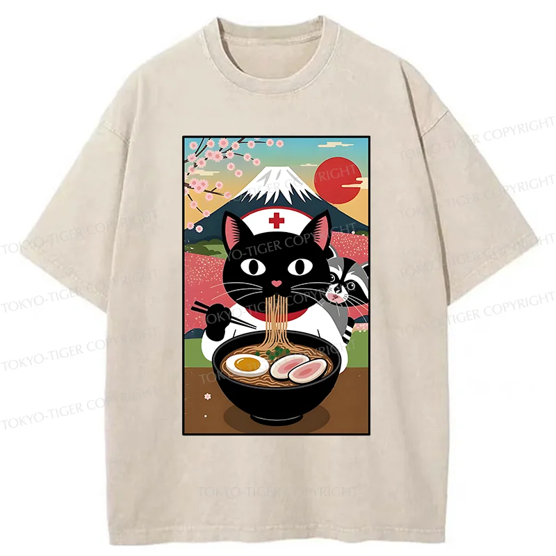 Tokyo-Tiger Nurse Cat Eating Ramen Washed T-Shirt