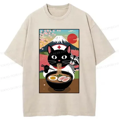 Tokyo-Tiger Nurse Cat Eating Ramen Washed T-Shirt
