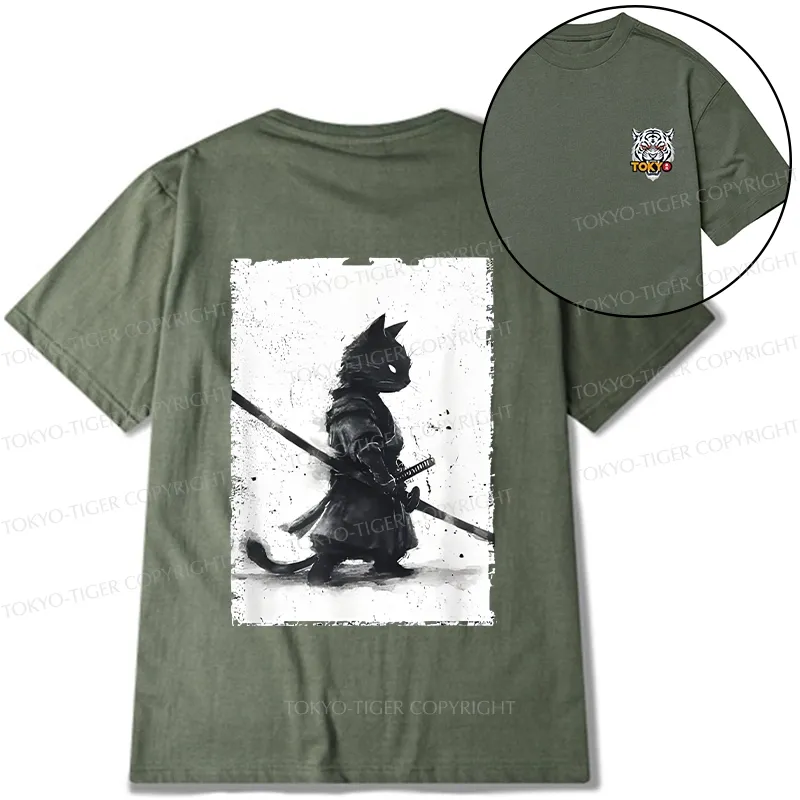Tokyo-Tiger Retro Cat Samurai Japanese Front Back Classic T-Shirt