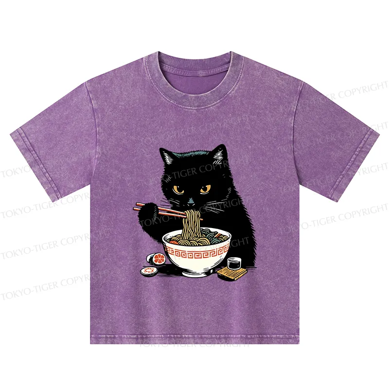Tokyo-Tiger Cat Eating Favorite Ramen Kids Washed T-Shirt