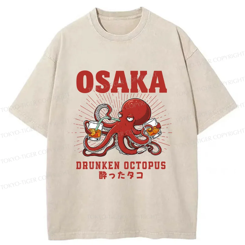 Tokyo-Tiger Octopus Drinking Beer Washed T-Shirt