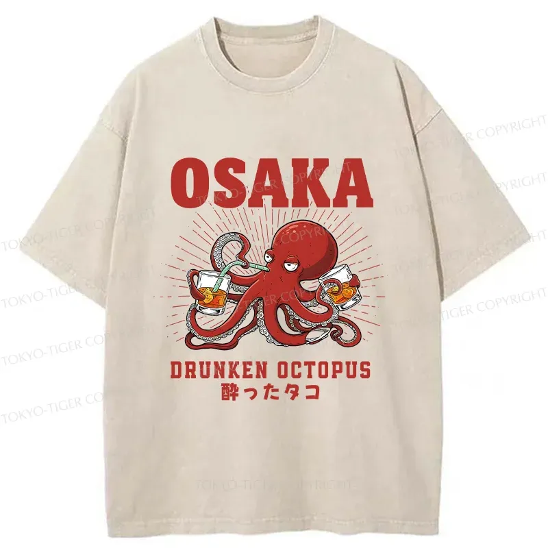 Tokyo-Tiger Octopus Drinking Beer Washed T-Shirt