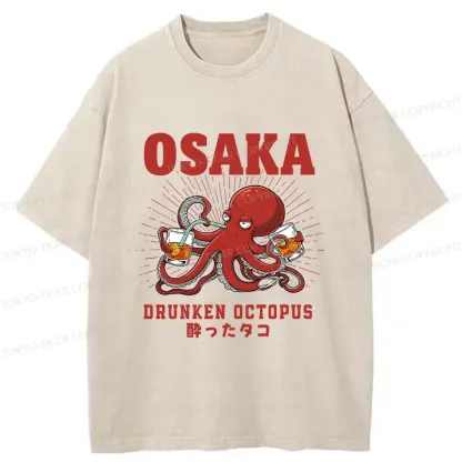Tokyo-Tiger Octopus Drinking Beer Washed T-Shirt