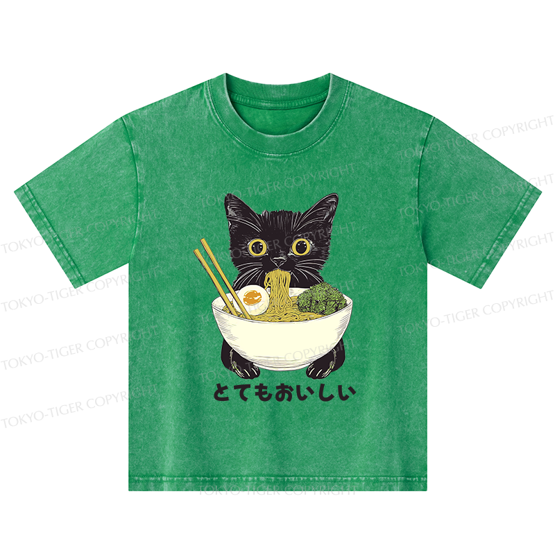 Tokyo-Tiger Ramen Lover Cute Cat Kids Washed T-Shirt
